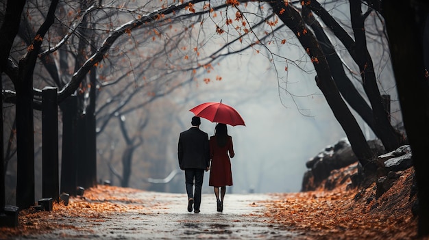 A couple under an umbrella walking through a rainy park on an autumn evening AI generation