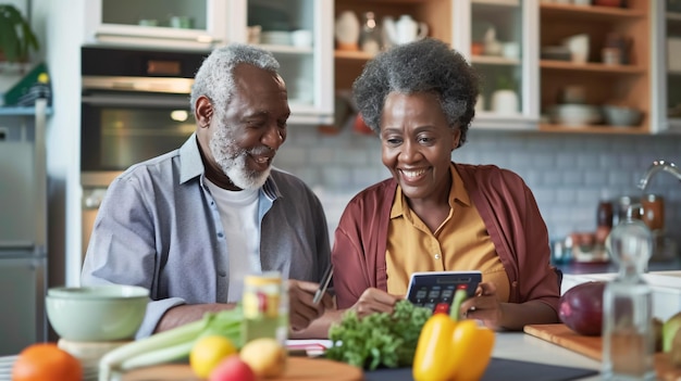 Couple using a calculator in the kitchen