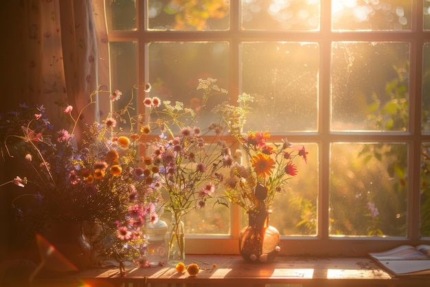 Photo couple of vases filled with colorful flowers resting on a sunny window sill warm sunlight streaming through a window onto a table adorned with wildflowers