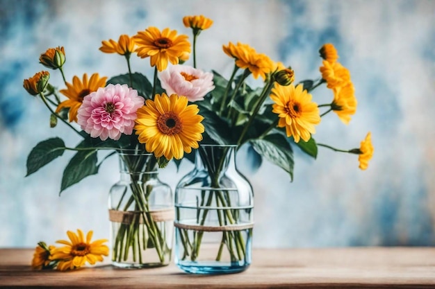 a couple of vases with flowers in them on a table