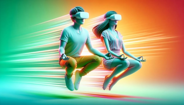 Photo a couple in virtual reality heads are sitting on a colorful background