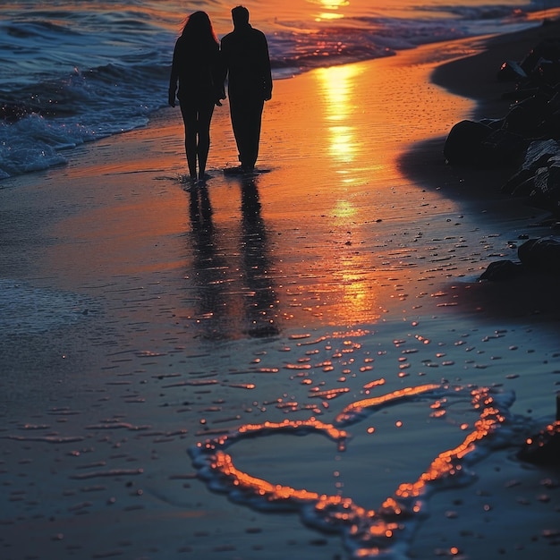 Photo a couple walk on the beach with a heart in the sand