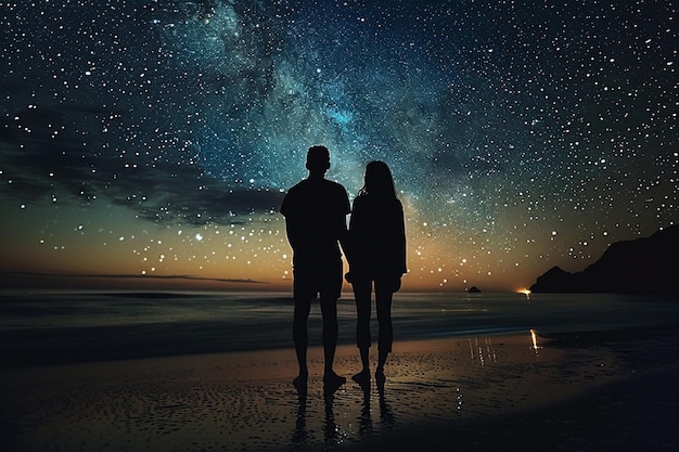 Couple walk at night Lovers silhouettes and Milky Way at starry sky