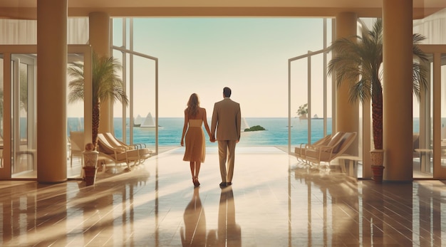 A couple walk through a hotel lobby, with the ocean in the background.