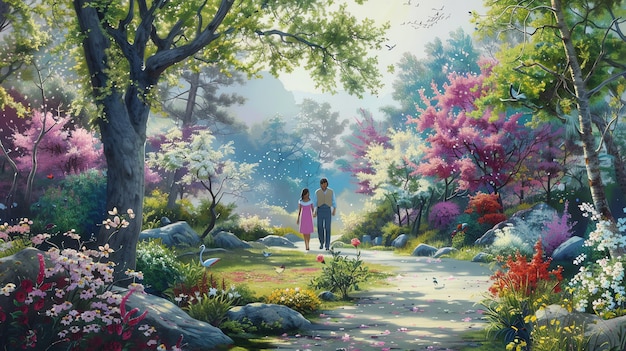 The couple walked handinhand through the beautiful garden