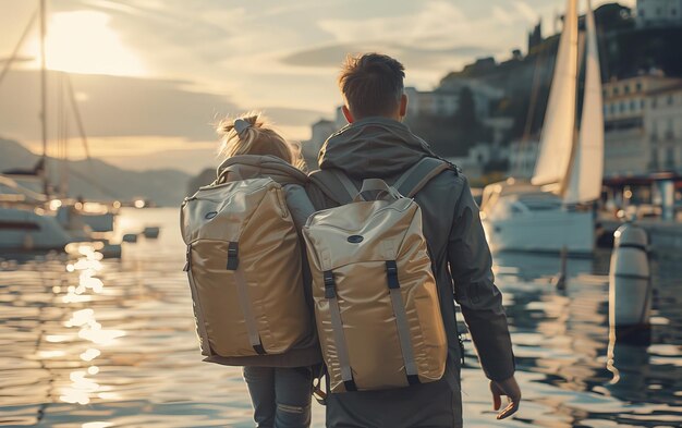 Photo couple walking away from harbor at sunset