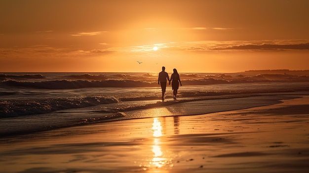 A couple walking on the beach holding hands.