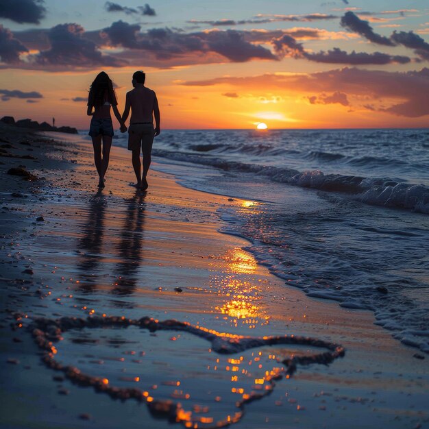 a couple walking on the beach at sunset