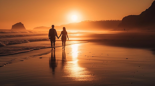 A couple walking on a beach at sunset