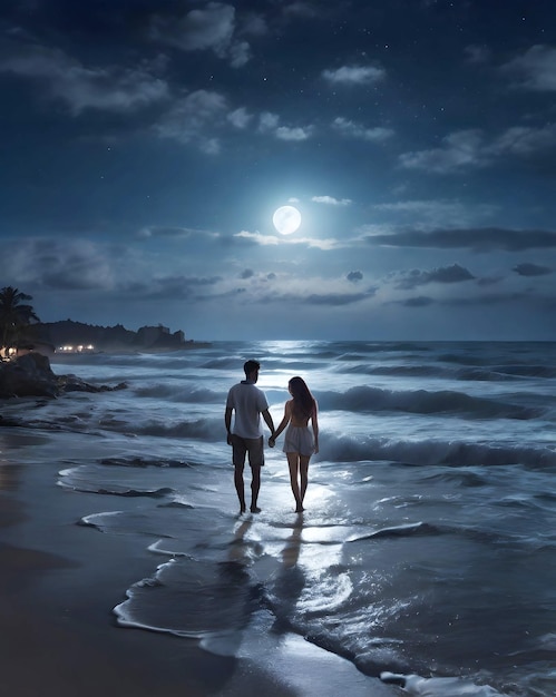 a couple walking on the beach with a full moon in the background