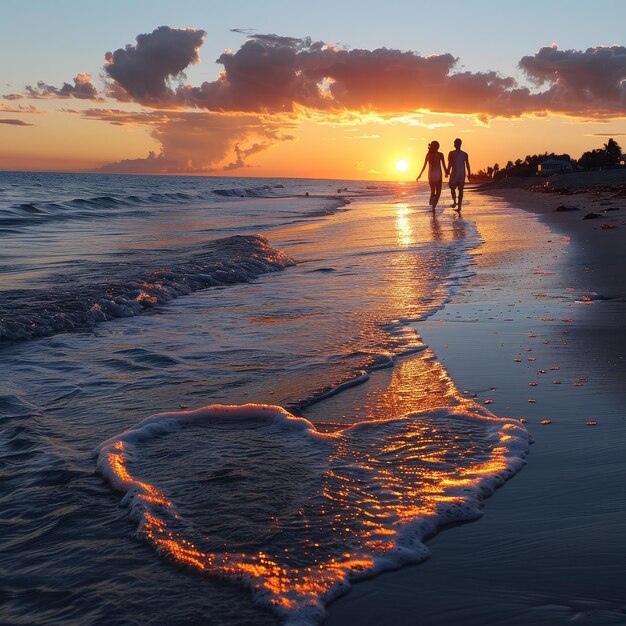 a couple walking on the beach with a heart in the sand