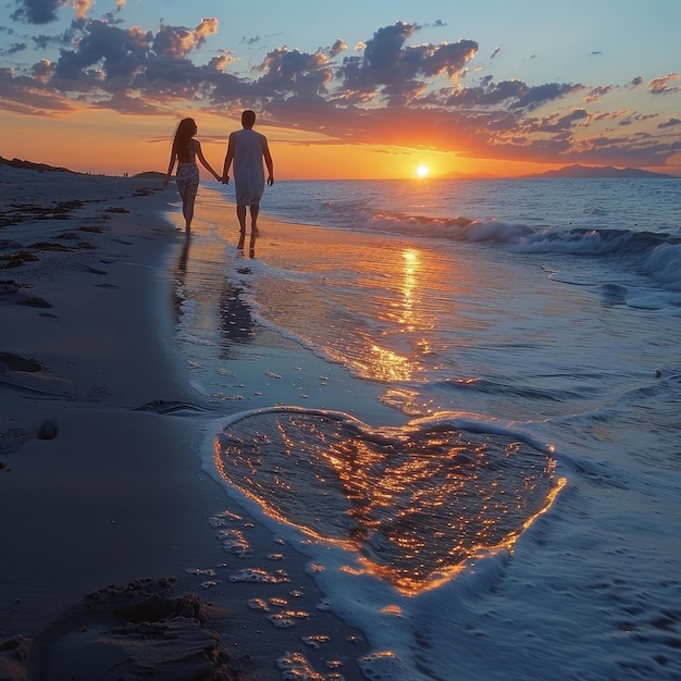 a couple walking on the beach with a heart in the sand