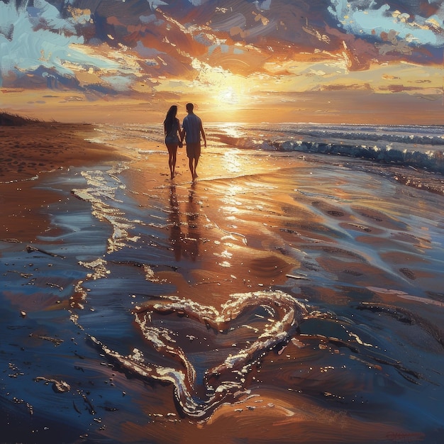 a couple walking on a beach with a heart in the sky