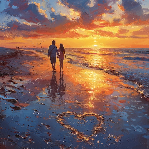 a couple walking on the beach with a heart in the sky