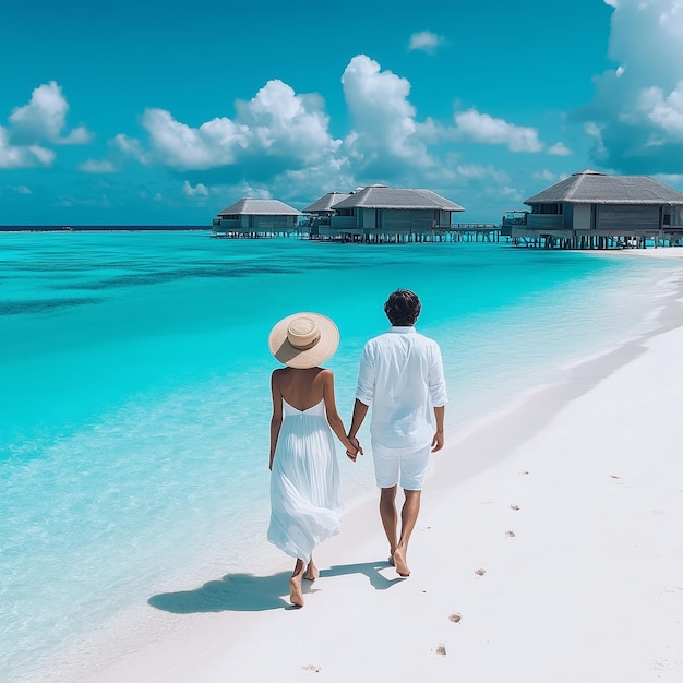 a couple walking on a beach with the ocean in the background