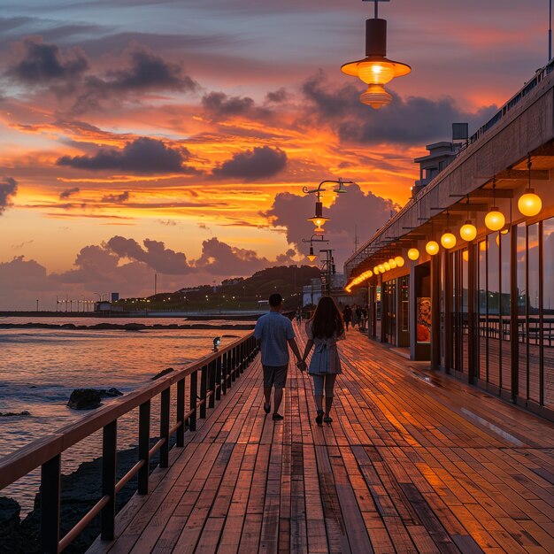 Photo a couple walking on a boardwalk with the sun setting behind them