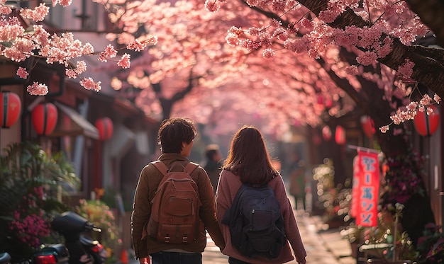 Photo a couple walking under a cherry blossom tree