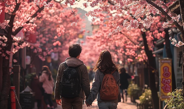 Photo a couple walking under a cherry blossom tree