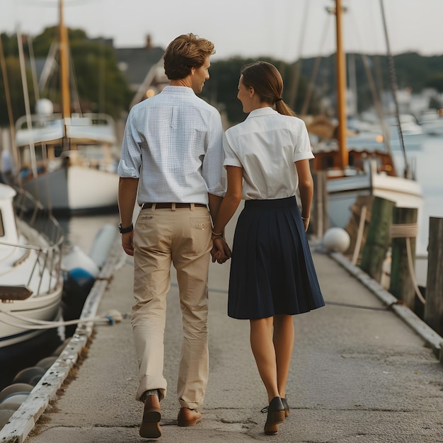 Photo couple walking on dock with boats in the background