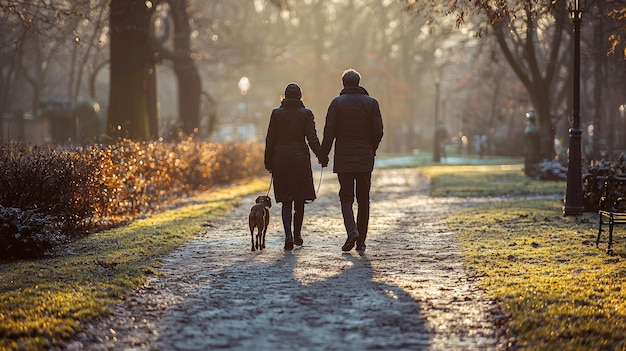 Photo couple walking dog park pathway winter sunlight