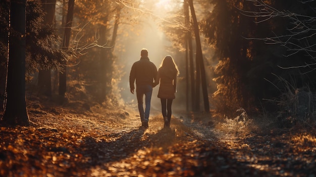 a couple walking down a path in the woods with the sun shining through trees