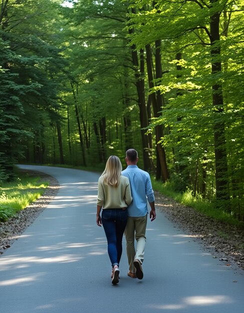 Photo a couple walking down a road in the woods