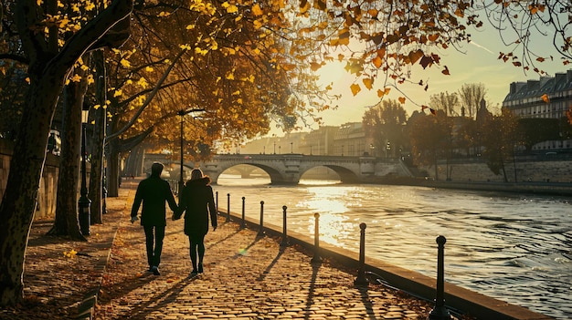 a couple walking down a street with a bridge in the background