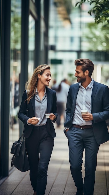 Photo a couple walking down a street with a coffee cup in their hand