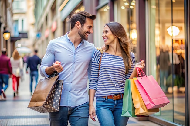 Photo a couple walking down the street with shopping bags