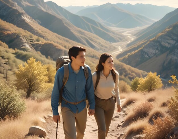 Photo a couple walking down a trail with mountains in the background