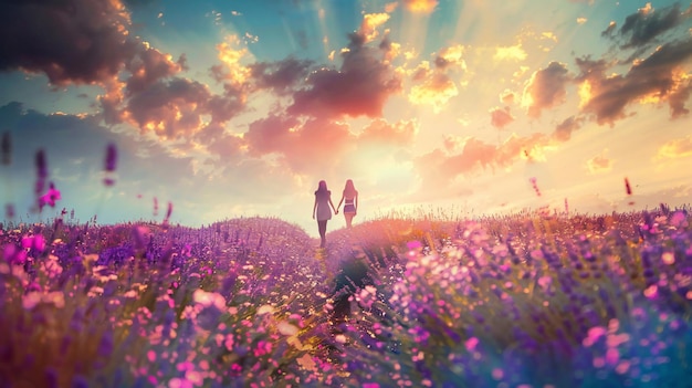 a couple walking in a field of flowers with the sun shining through them