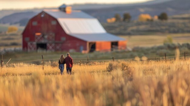 Photo couple walking in a field with a barn in the background