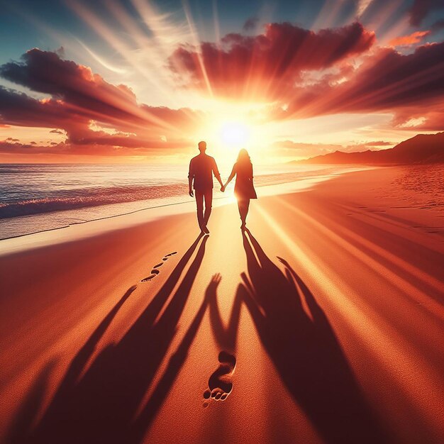 A couple walking hand in hand along a beach at sunset