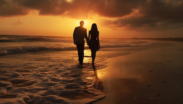 A couple walking hand in hand along the beautiful beach at sunset