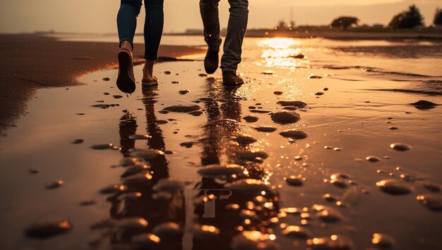 Photo a couple walking hand in hand along the beautiful beach at sunset