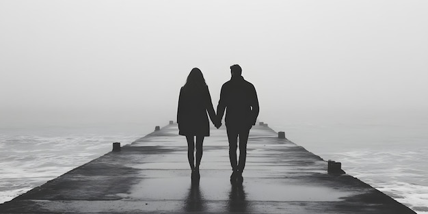 Photo couple walking hand in hand on a pier