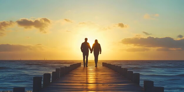 Photo couple walking hand in hand on a pier