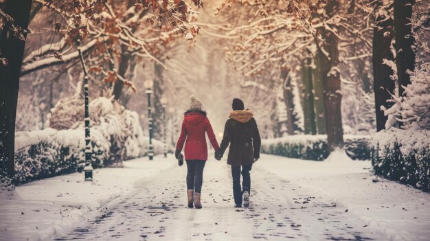 Photo a couple walking hand in hand through a snowy park winter scene with trees covered in snow concept of romance winter togetherness seasonal beauty