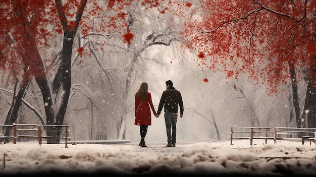 Couple Walking Hand in Hand Through a Snowy Scene