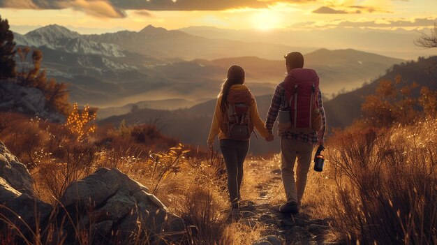 Photo couple walking in the mountains with a sunset behind them