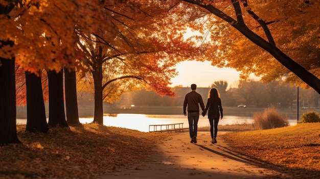 Couple walking in park with fall foliage