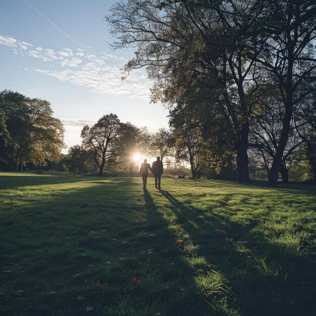 Photo a couple walking in a park with trees in the background