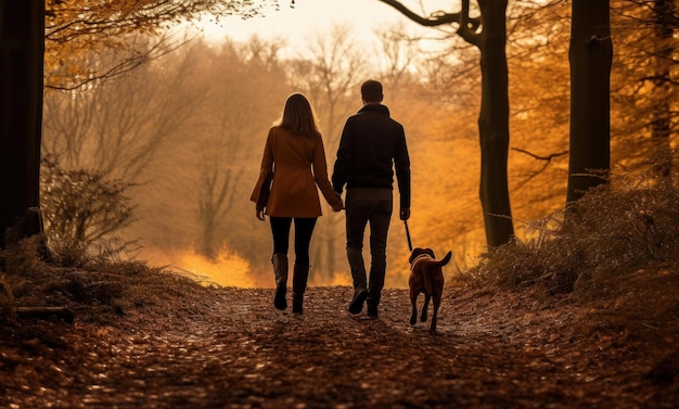 Couple walking their dog in autumn park