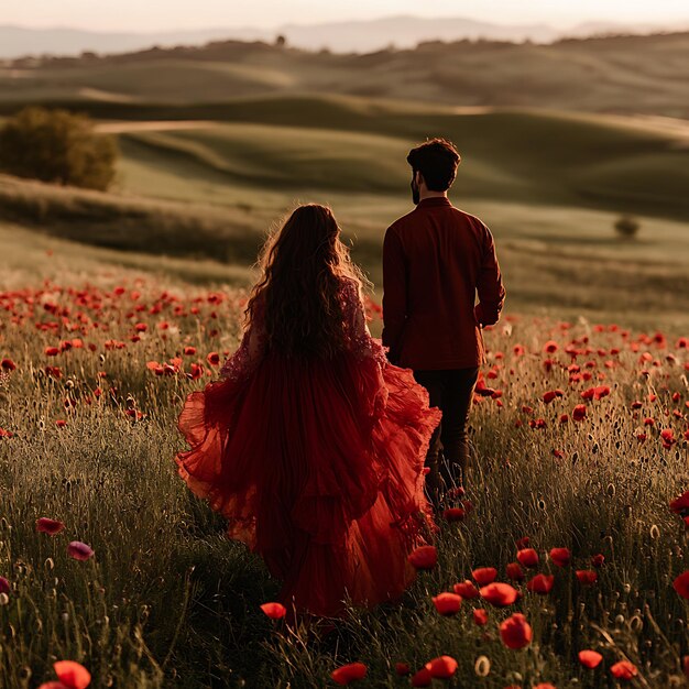 Photo couple walking through a field of poppies at sunset