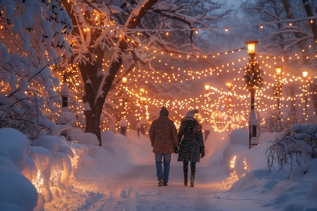 Couple walking through snowy city street adorned with string lights