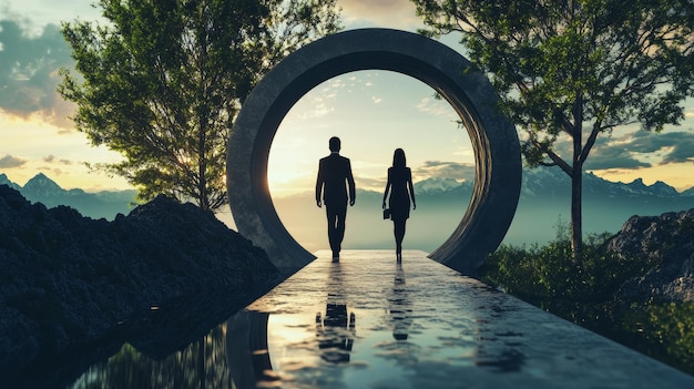 Photo a couple walking through a tunnel with trees in the background