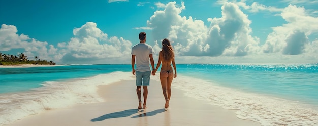 Photo couple walking on tropical beach holding hands