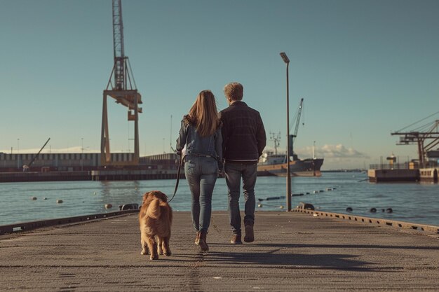 Photo couple walking with golden retriever