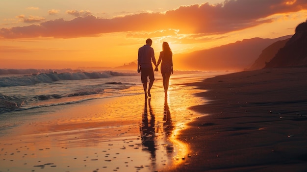 A couple walks along a sandy beach at sunset hand in hand