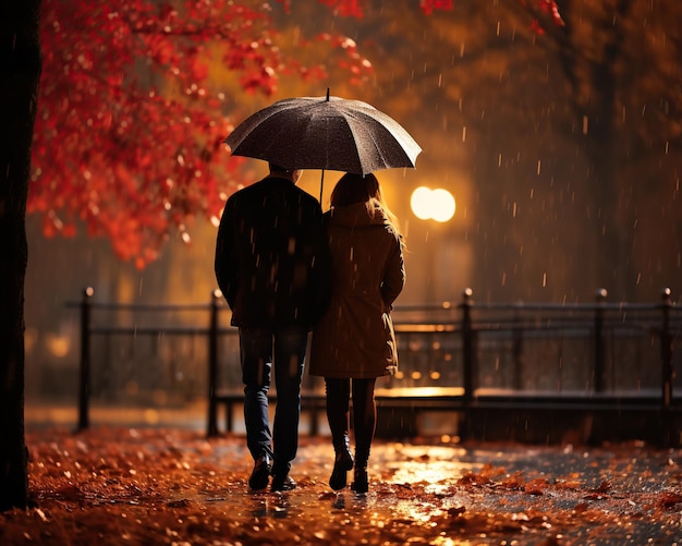 Couple walks in autumn park in rain under an umbrella